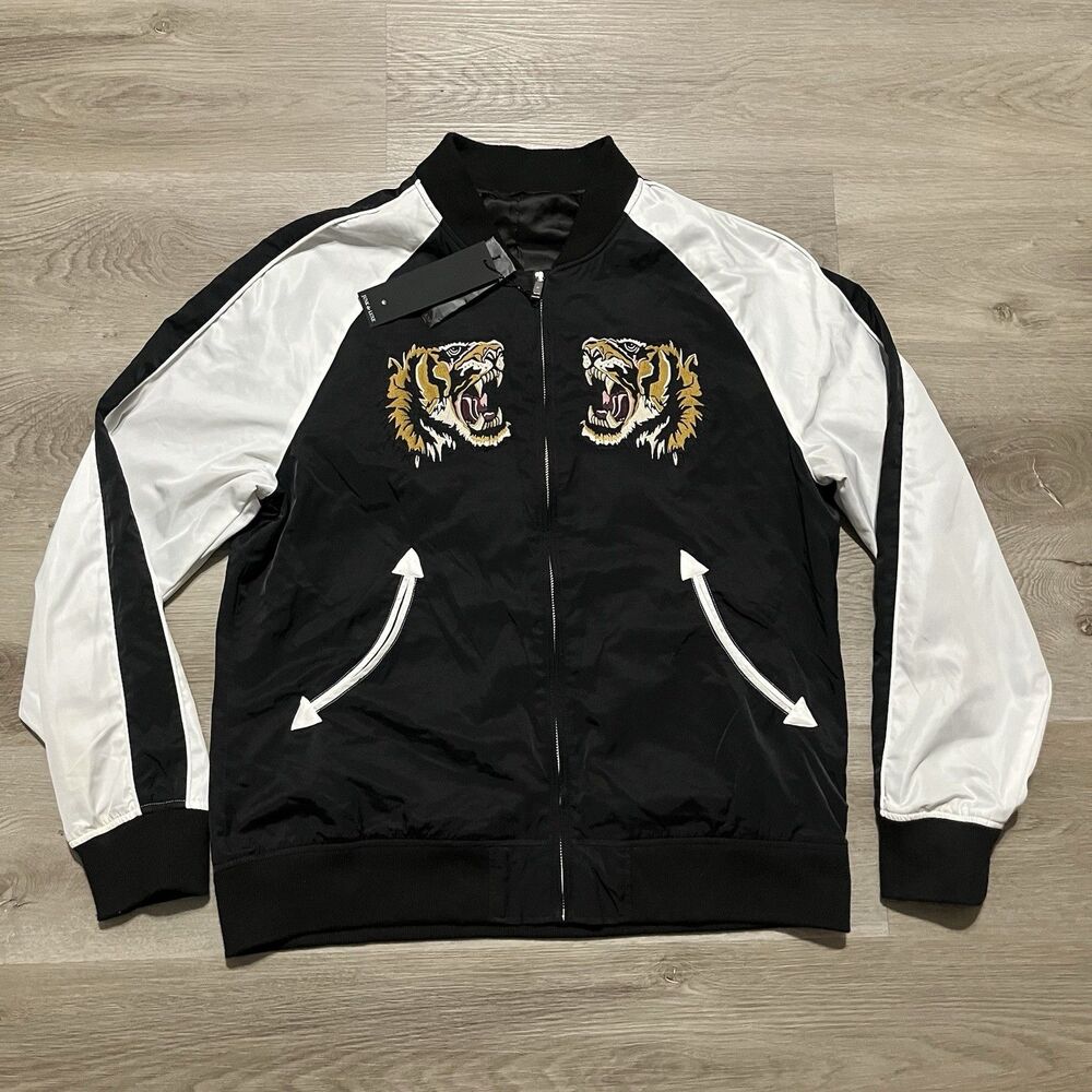 JUNK DE LUXE Black White Embellished Souvenir Satin Bomber Jacket Mens Size XL